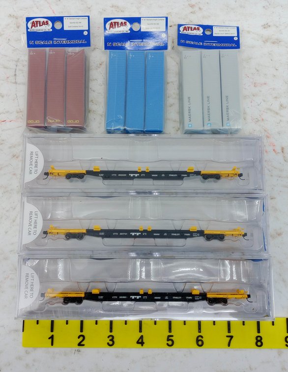 3 N SCALE G85 TRAILER TRAIN CONTAINER CARS & 9 ATLAS 40FT CONTAINERS, OBS INV 263330474