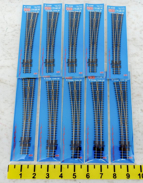 10 PECO SL-E388 STREAMLINE N GAUGE CODE 80 LARGE RADIUS RIGHT HAND TURNOUTS, 10 OBS INV 263330482