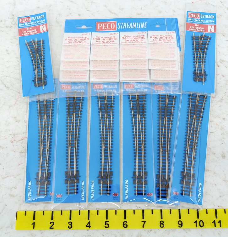 ASSORTED PECO N GAUGE STREAMLINE & SETRACK TURNOUTS & RAIL JOINERS, SOME OBS INV 263330484