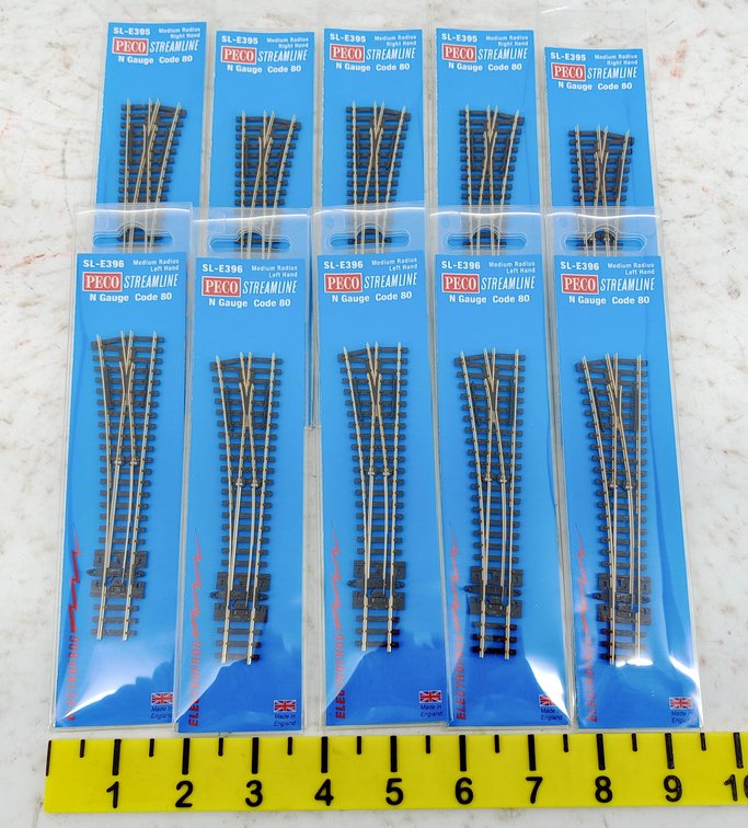 10 PECO SL-E395 & SL-E396 STREAMLINE N GAUGE CODE 80 MEDIUM RADIUS TURNOUTS, 10 OBS INV 263330485