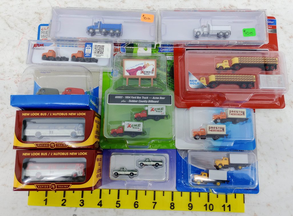 ASSORTED N SCALE TRUCKS, BUSES & BILLBOARD, ATLAS CLASSIC METAL WORKS RAPIDO SOME OBS INV 263330491