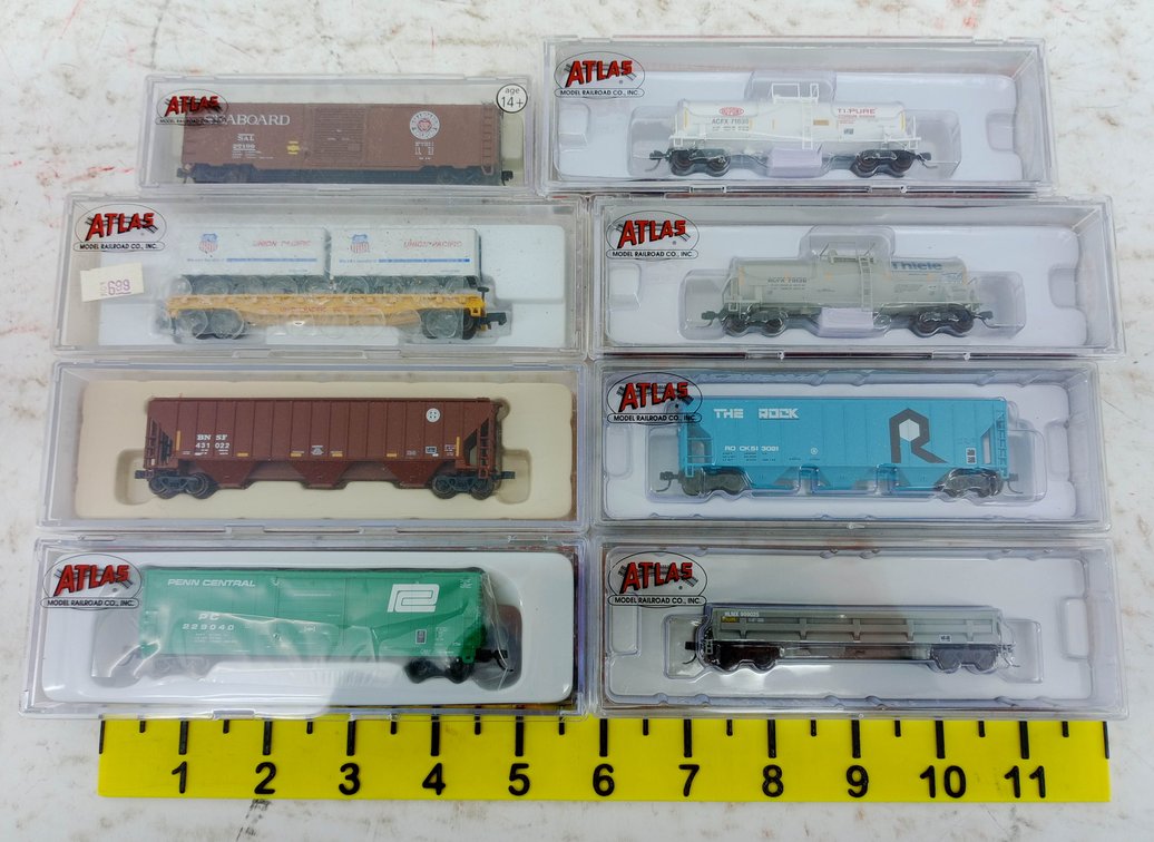 8 ATLAS N SCALE FREIGHT CARS SEABOARD, UNION PACIFIC, BNSF, PENN CENTRAL & MORE, 8 OBS INV 263330516