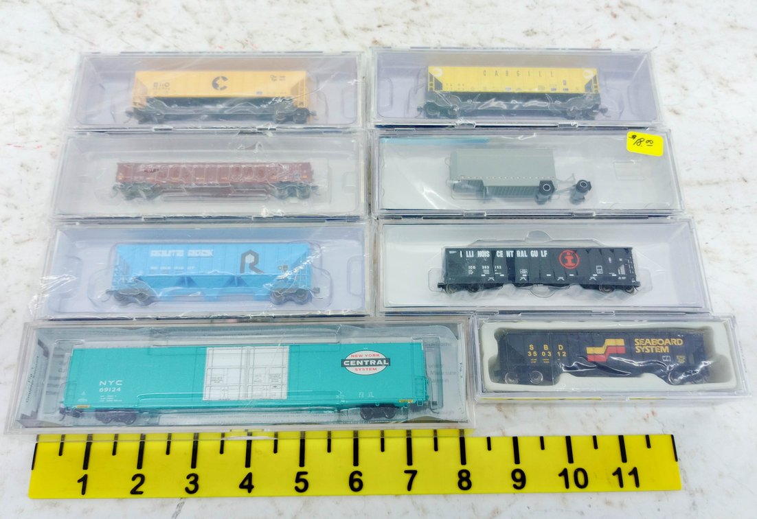 8 ASSORTED N GAUGE HOPPERS, GONDOLA, BOXCAR & PARCEL VAN, 8 OBS INV 263330531