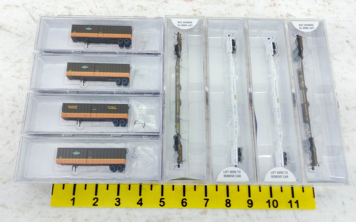 4 N GAUGE ILLINOIS CENTRAL & NORTH AMERICAN FLEXI-VAN CARS & 40FT TRAILERS, 8 OBS INV 263330533