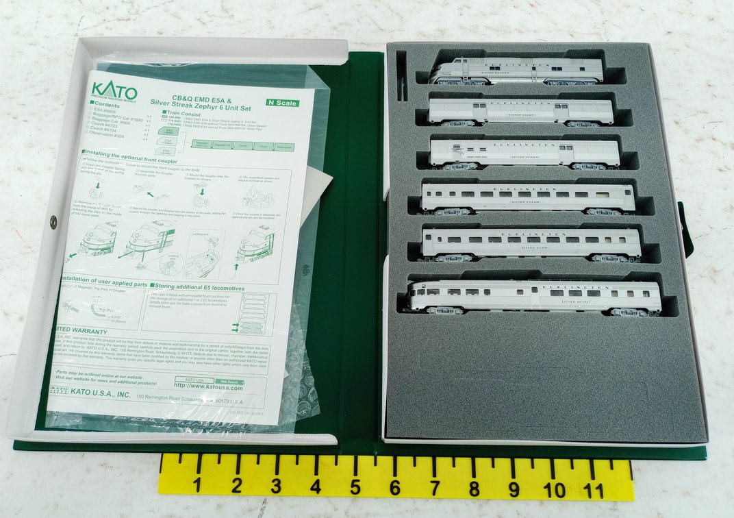KATO 106-090 CB&Q BURLINGTON E5A & SILVER STREAK ZEPHYR 6 UNIT N SCALE PASSENGER SET, OB INV 263330534