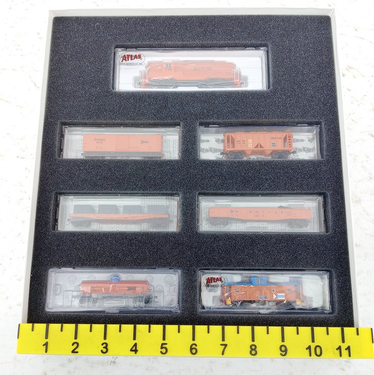 ATLAS N SCALE AMTRAK M.O.W. TRACK REPAIR TRAIN SET, 7 PIECES, OB INV 263330537