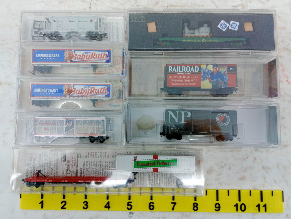 8 MICRO-TRAINS N SCALE BASEBALL BABY RUTH TRAILERS, BOXCARS, FLATCARS & HOPPER, 8 OBS

Correction — final answer:

8 MICRO-TRAINS N SCALE BABY RUTH TRAILERS, BOXCARS, FLATCARS & HOPPER, 8 OBS INV 263330550