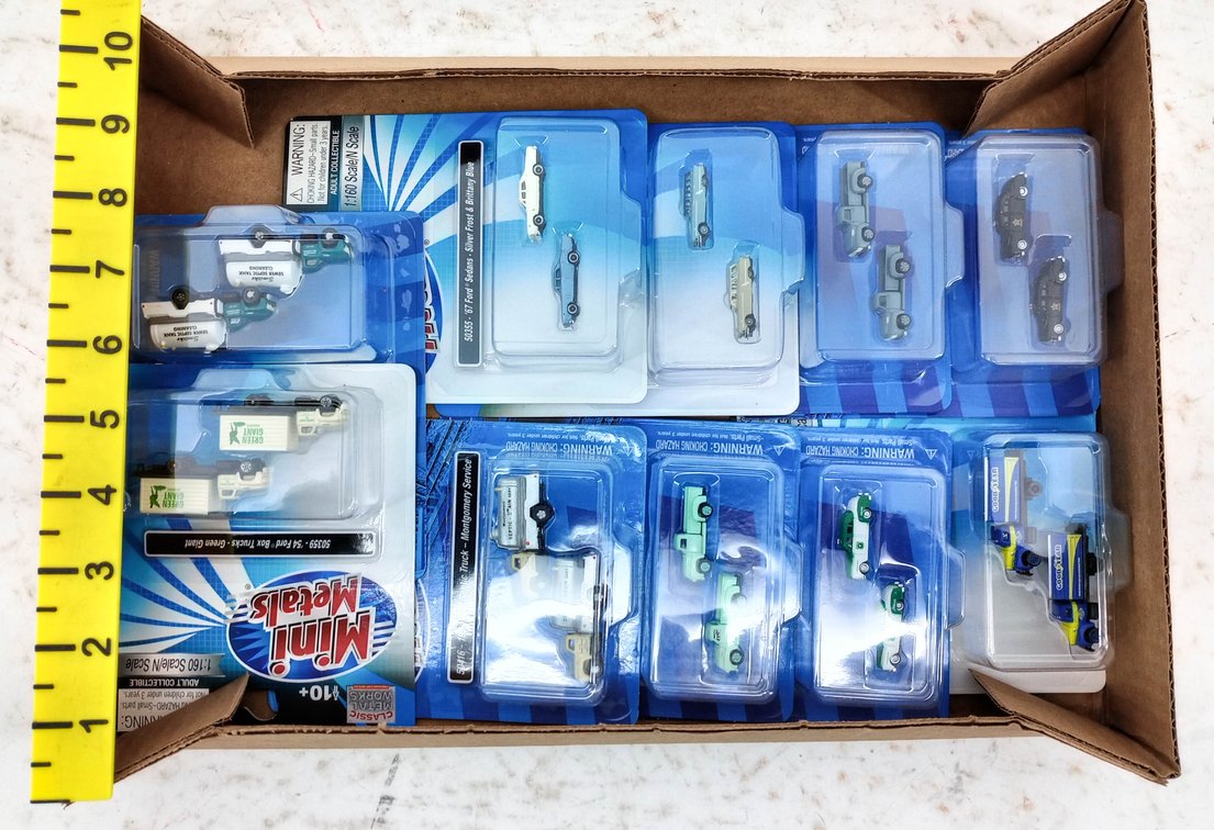 ASSORTED MINI METALS N SCALE 1:160 VEHICLES, FORD TRUCKS & SEDANS, SOME OBS INV 263330587