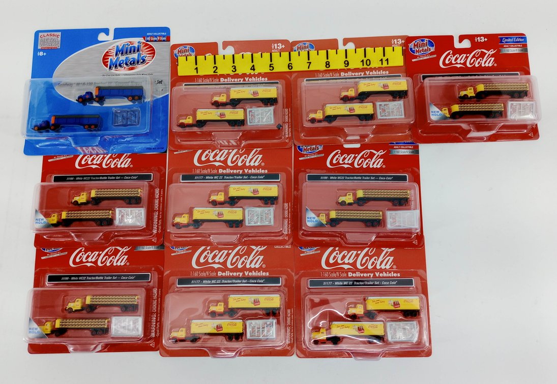 10 ASSORTED MINI METALS N SCALE COCA-COLA WHITE WC22 TRACTOR TRAILER SETS & BLUE SET SOME OBS INV 263330595
