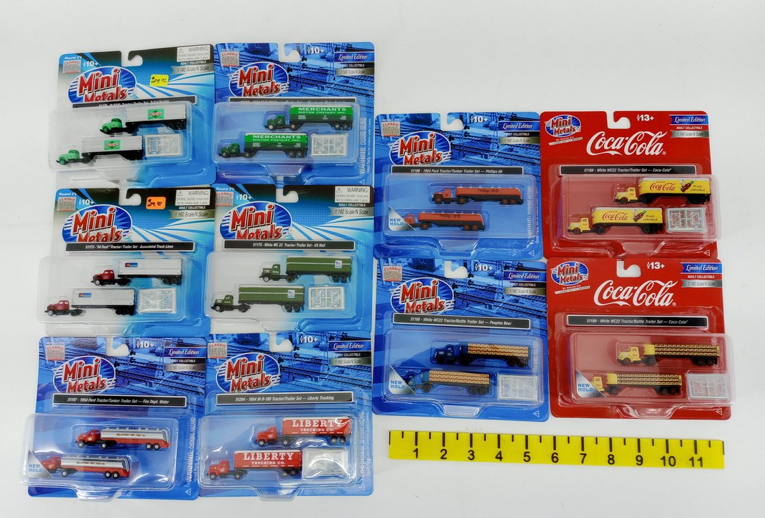 10 MINI METALS N SCALE TRACTOR TRAILER SETS INCL COCA-COLA & LIBERTY, 10 OBS INV 263330598