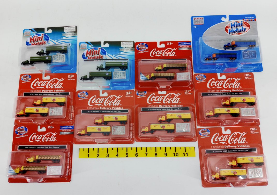 10 ASSORTED MINI METALS N SCALE COCA-COLA & US MAIL WHITE WC 22 TRACTOR TRAILER SETS, 10 OBS INV 263330599