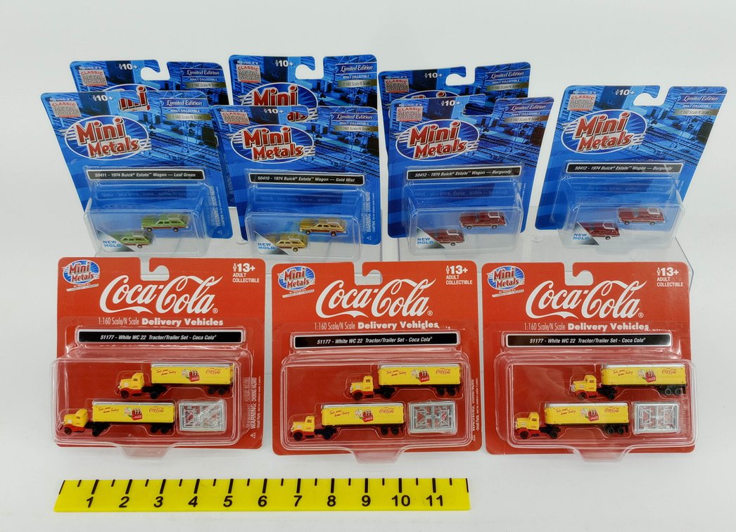 10 MINI METALS ASSORTED N SCALE 1974 BUICK ESTATE WAGONS & COCA-COLA WHITE WC 22 TRUCKS, 7 OBS INV 263330603