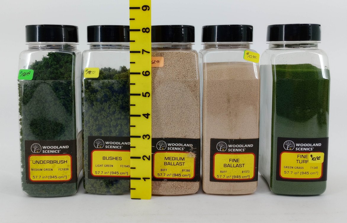 5 WOODLAND SCENICS UNDERBRUSH, BUSHES, BALLAST & FINE TURF SCENERY CONTAINERS INV 263330605