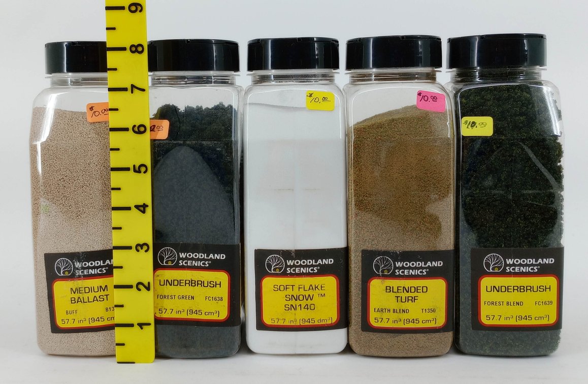 5 WOODLAND SCENICS BALLAST, UNDERBRUSH, SOFT FLAKE SNOW & BLENDED TURF SCENERY CONTAINERS INV 263330612