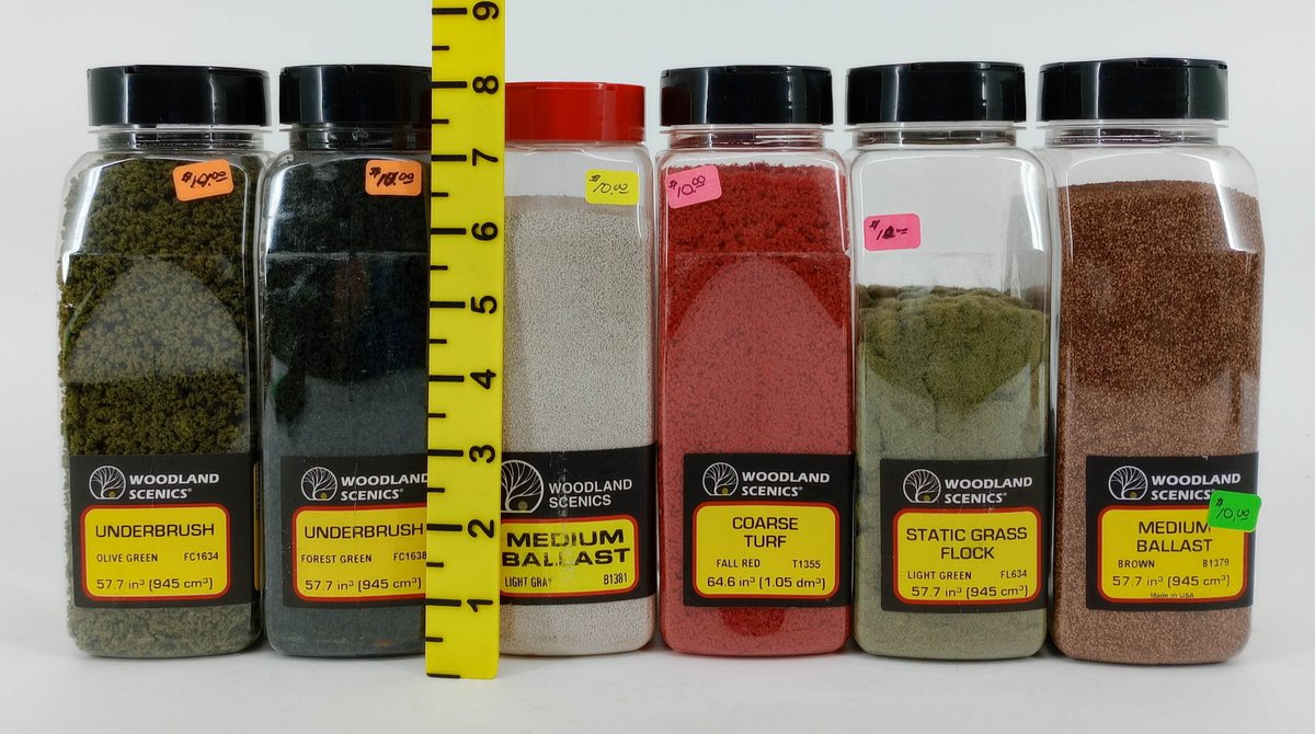 6 WOODLAND SCENICS UNDERBRUSH, BALLAST, TURF & STATIC GRASS FLOCK SCENERY CONTAINERS INV 263330610