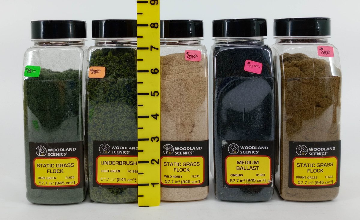 5 WOODLAND SCENICS STATIC GRASS FLOCK, UNDERBRUSH & MEDIUM BALLAST SCENERY SHAKERS INV 263330611