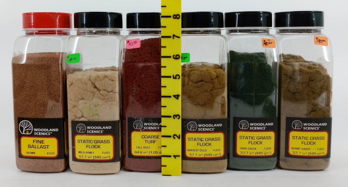 6 WOODLAND SCENICS STATIC GRASS FLOCK, COARSE TURF & FINE BALLAST CONTAINERS INV 263330618