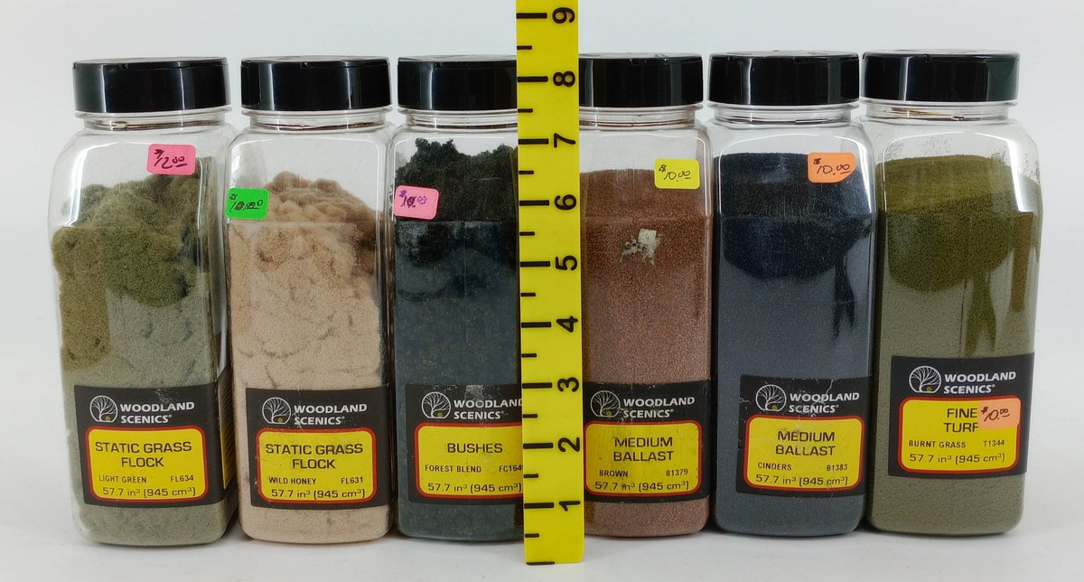6 WOODLAND SCENICS STATIC GRASS FLOCK, BUSHES, BALLAST & FINE TURF SCENERY CONTAINERS INV 263330621
