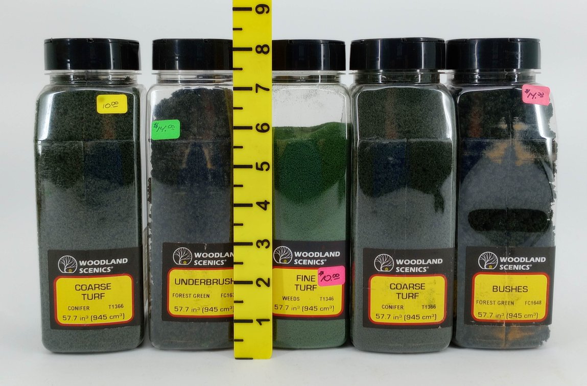 5 WOODLAND SCENICS FOREST GREEN TURF, UNDERBRUSH & BUSHES SCENERY CONTAINERS INV 263330623