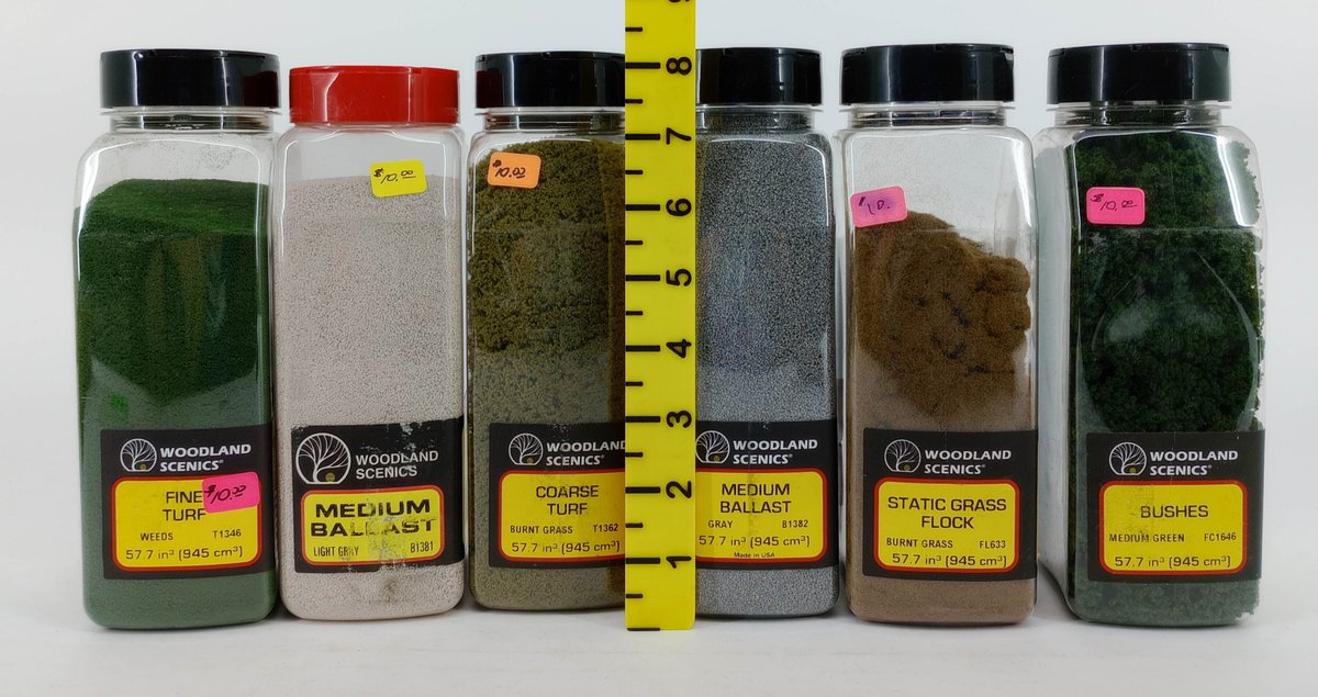 6 WOODLAND SCENICS TURF, BALLAST, GRASS FLOCK & BUSHES SCENERY CONTAINERS INV 263330620
