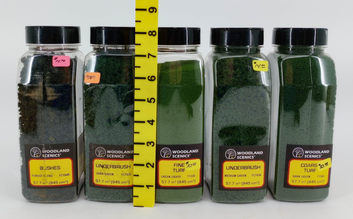 5 WOODLAND SCENICS TURF, UNDERBRUSH & BUSHES SCENERY MATERIAL CONTAINERS INV 263330624