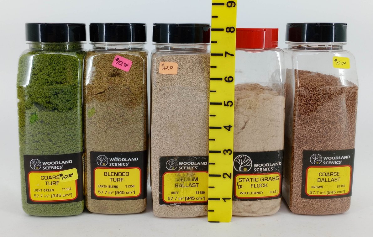 5 WOODLAND SCENICS TURF, BALLAST & STATIC GRASS FLOCK SCENERY CONTAINERS INV 263330628