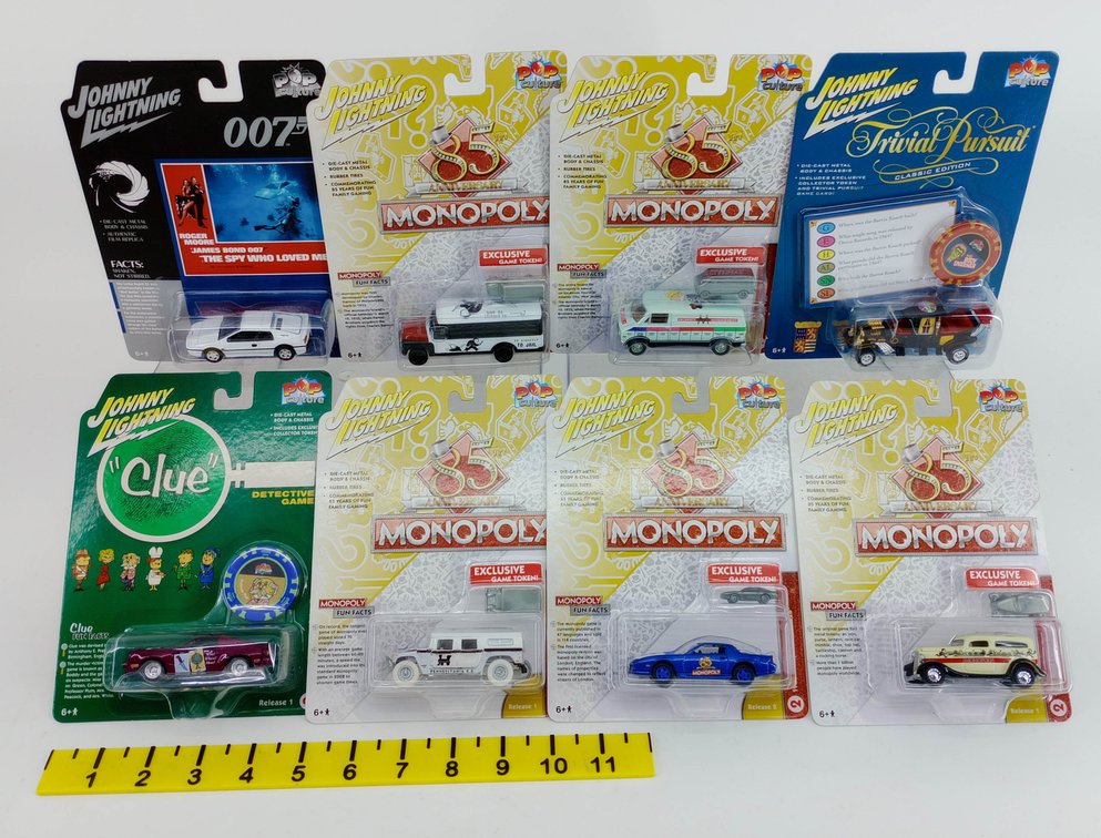 8 ASSORTED JOHNNY LIGHTNING POP CULTURE MONOPOLY, CLUE, 007 & TRIVIAL PURSUIT DIE-CAST CARS, 8 OBS INV 263330633