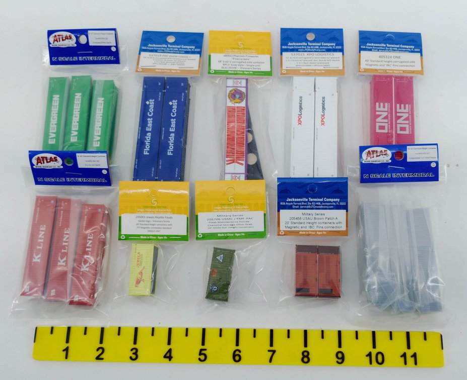 10 PACKS ASSORTED ATLAS & JTC N SCALE INTERMODAL CONTAINERS EVERGREEN K LINE ONE XPO, ALL OBS INV 263330653
