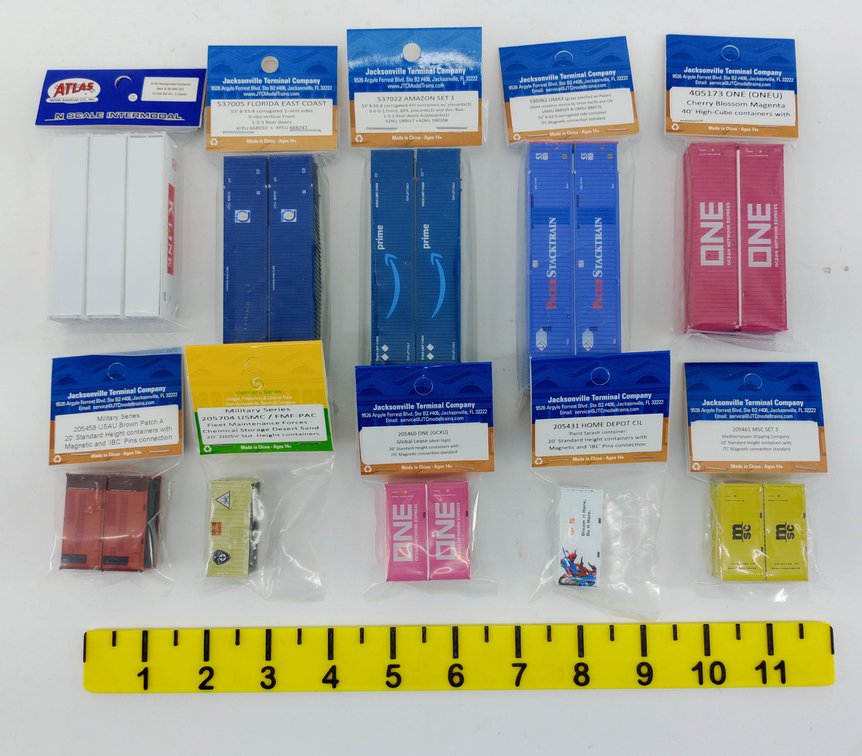 10 PACKS ASSORTED JTC & ATLAS N SCALE INTERMODAL CONTAINERS ONE AMAZON STACKTRAIN MSC INV 263330665