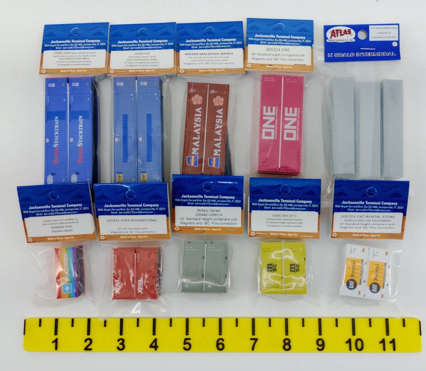 10 PACKS ASSORTED JTC N SCALE SHIPPING CONTAINERS MAERSK ONE MSC XTRA & ATLAS 40FT SOME OBS INV 263330662