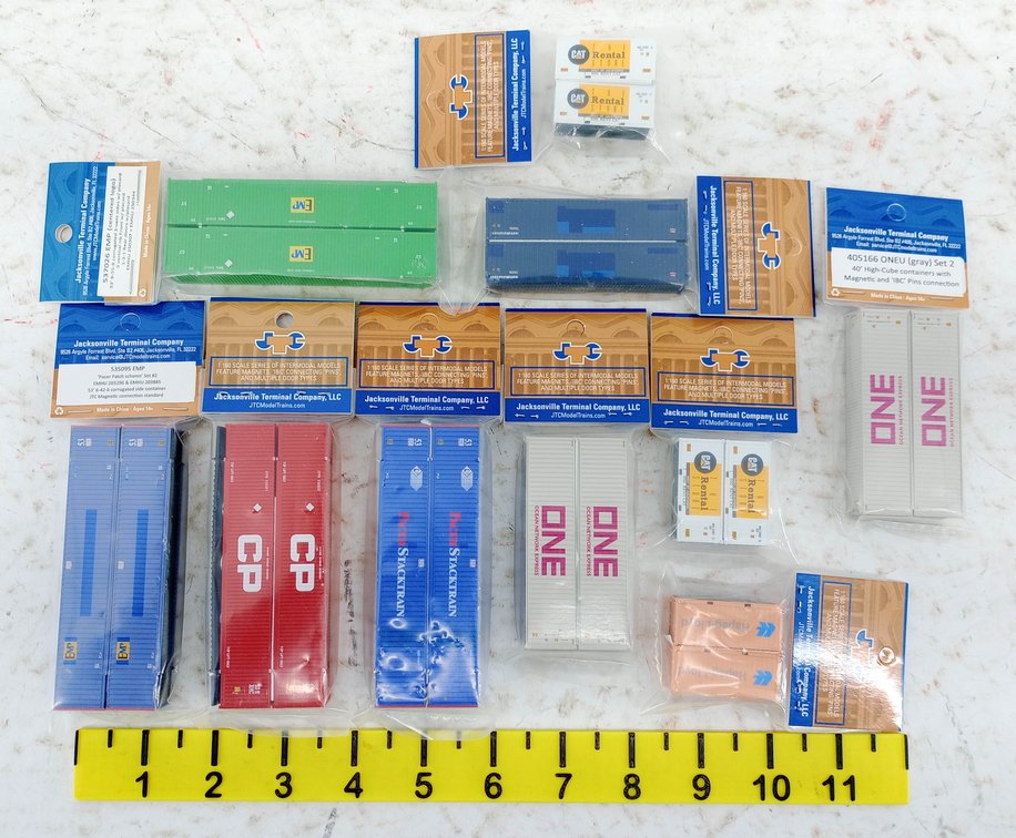 10 PACKS ASSORTED JTC N SCALE INTERMODAL CONTAINERS ONE, CP, EMP, PACER, CAT INV 263330667
