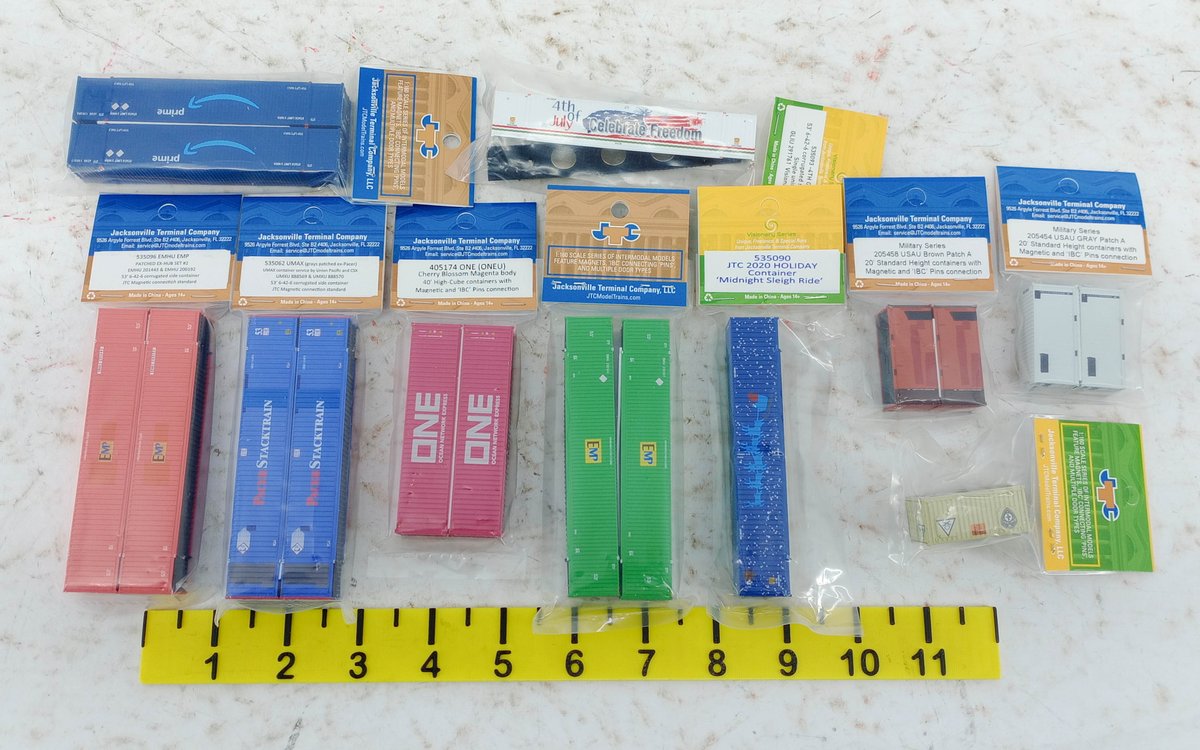 10 PACKS ASSORTED JTC N SCALE INTERMODAL CONTAINERS, EMP, ONE, PACER STACKTRAIN, PRIME, MILITARY INV 263330668