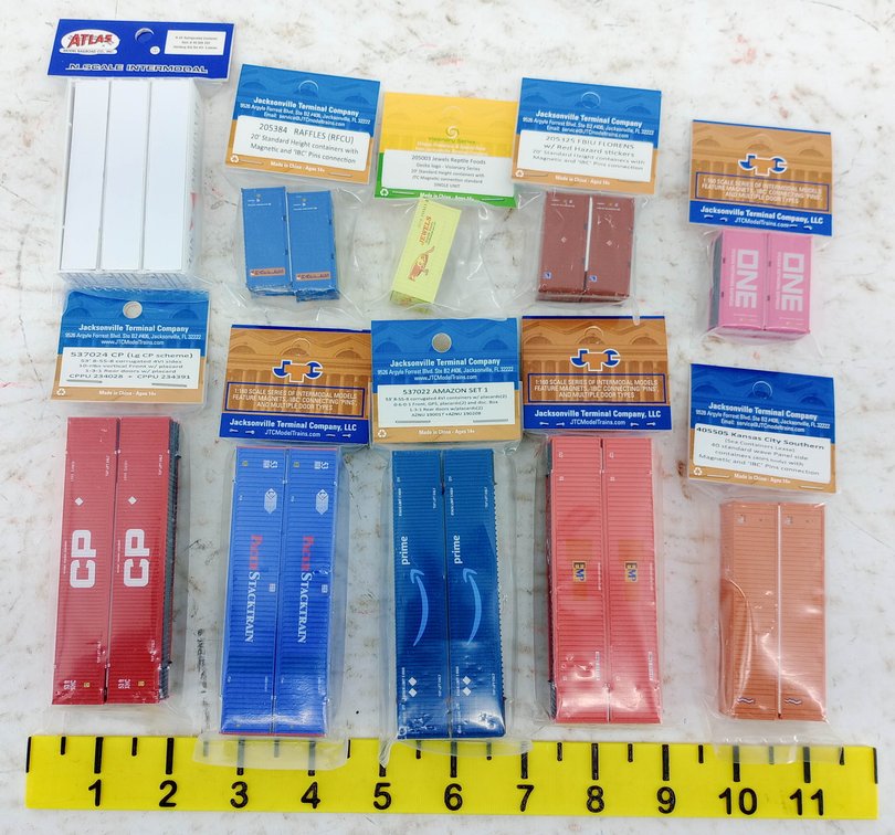 10 PACKS ASSORTED JTC & ATLAS N SCALE INTERMODAL CONTAINERS, AMAZON CP PACER ONE INV 263330672