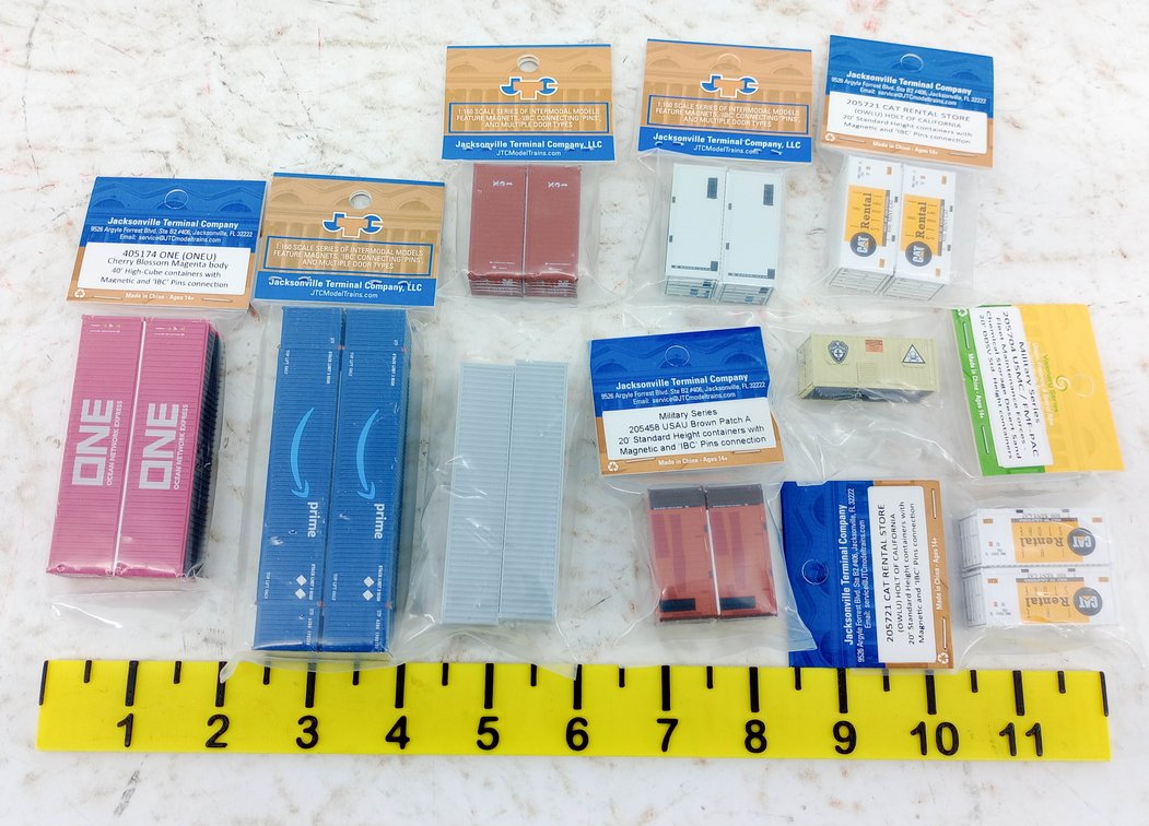 9 PACKS ASSORTED JTC N SCALE INTERMODAL CONTAINERS ONE, PRIME, CAT RENTAL, MILITARY INV 263330675