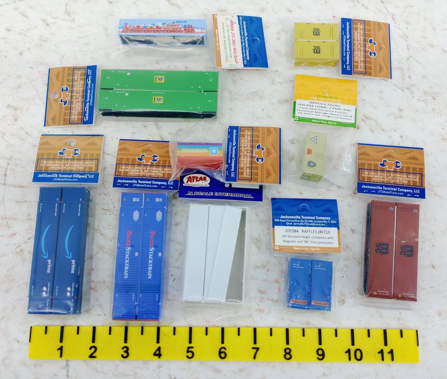 10 PACKS ASSORTED JTC & ATLAS N SCALE INTERMODAL CONTAINERS INCL AMAZON, STACKTRAIN, EMP, MSC INV 263330676
