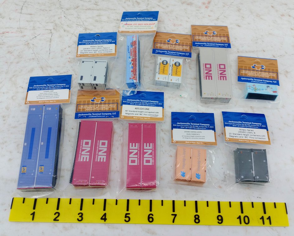 10 PACKS ASSORTED JTC N SCALE ONE, HAPAG LLOYD, EMP & MILITARY CONTAINERS INV 263330680