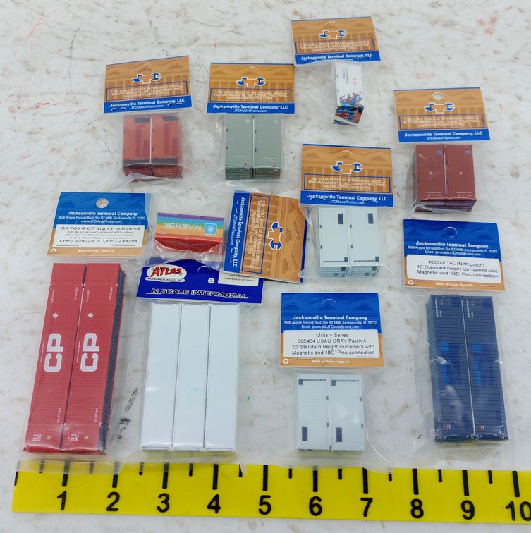 10 PACKS ASSORTED JTC & ATLAS N SCALE INTERMODAL CONTAINERS, MAERSK CP TAL USAU INV 263330683