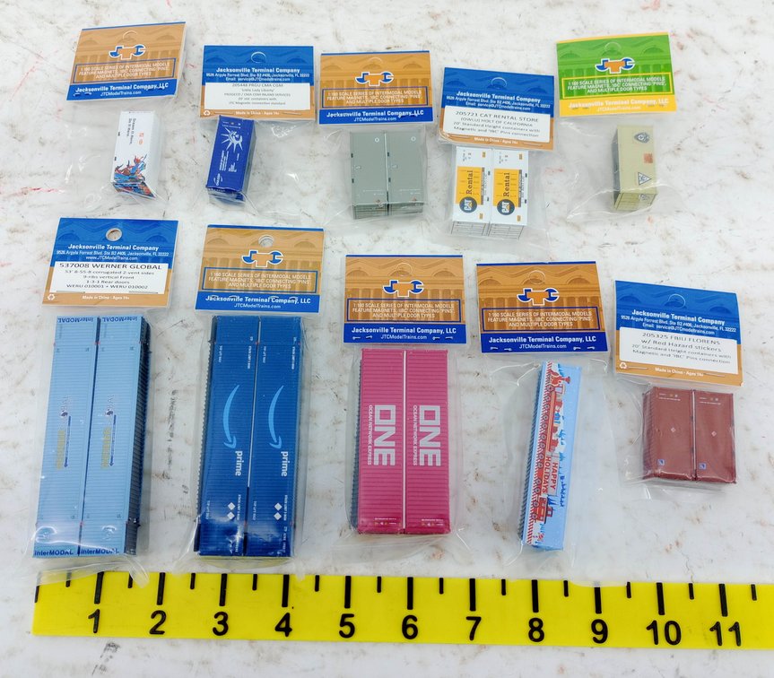 10 PACKS ASSORTED JTC N SCALE INTERMODAL CONTAINERS AMAZON PRIME, ONE, WERNER, CAT INV 263330684