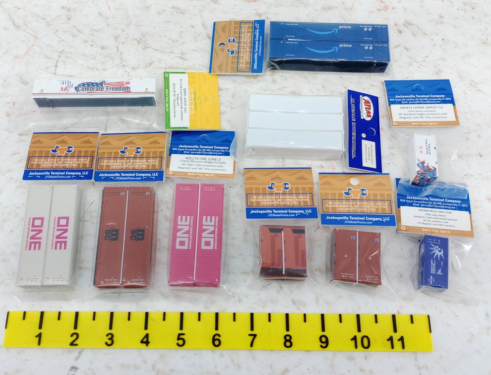 10 PACKS ASSORTED JTC & ATLAS N SCALE INTERMODAL CONTAINERS ONE, AMAZON PRIME, MSC INV 263330688