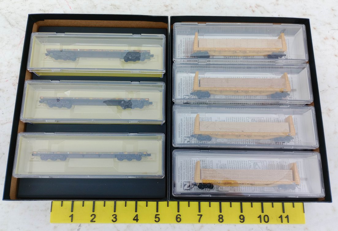 MICRO-TRAINS N SCALE 4 UNION PACIFIC BULKHEAD FLATS & 3 DODX FLAT CARS, 2 OBS INV 263330692