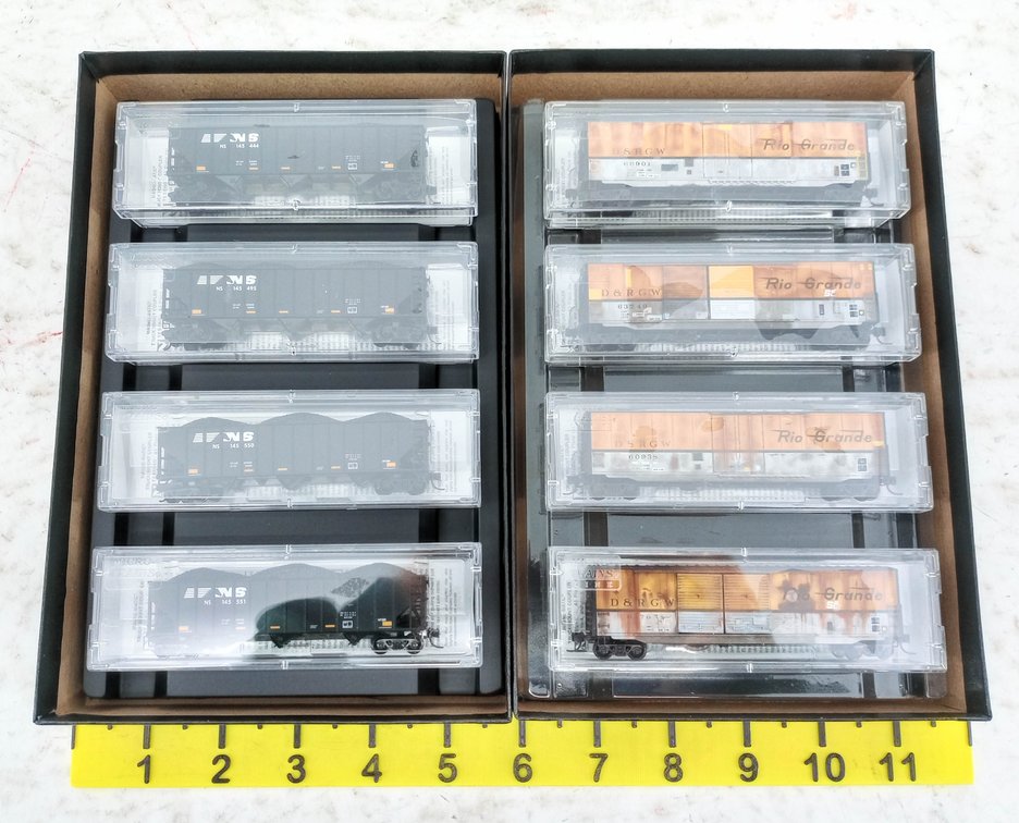 8 MICRO-TRAINS N SCALE NS HOPPERS & D&RGW WEATHERED BOXCARS, 2 OBS INV 263330700