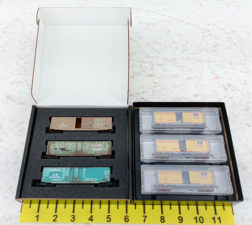 6 MICRO-TRAINS N SCALE CONRAIL WEATHERED & UNION PACIFIC MOW BOXCARS, 2 OBS INV 263330714