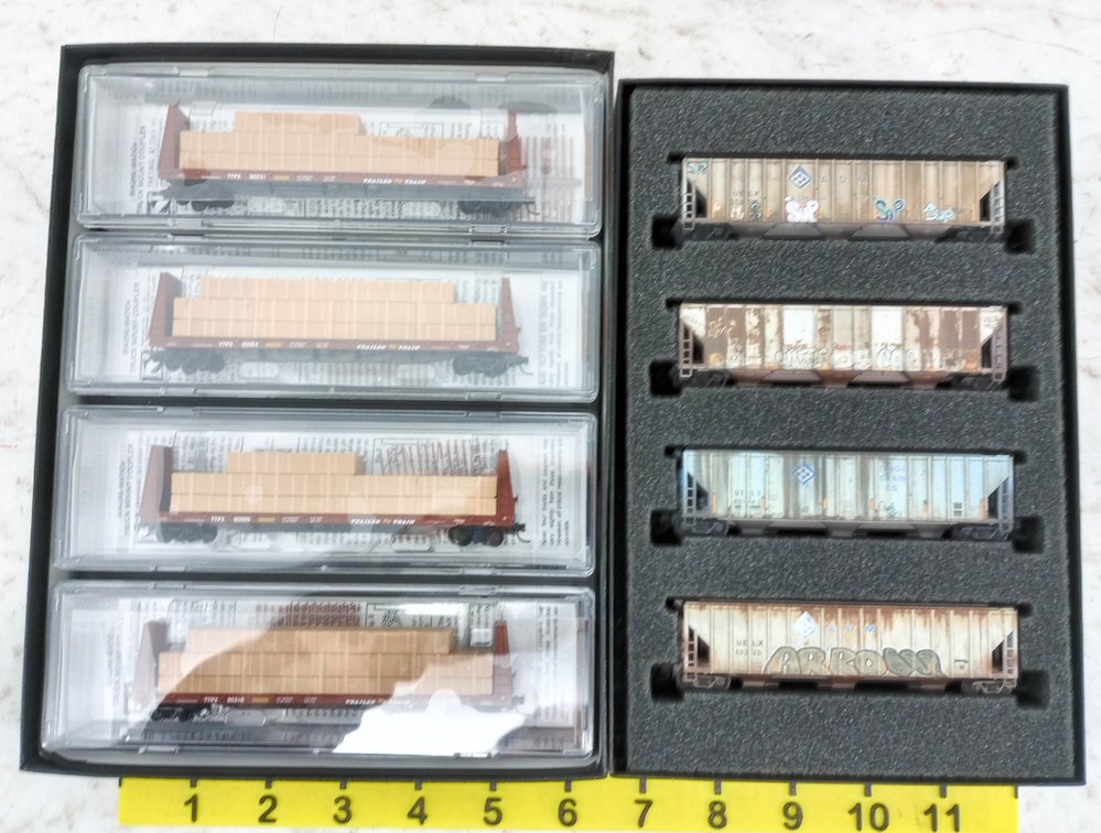 8 MICRO-TRAINS N SCALE TRAILER TRAIN FLATCARS & ADM WEATHERED HOPPERS, 2 OBS INV 263330716