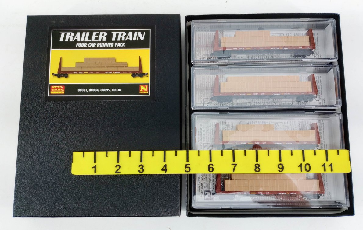 4 MICRO-TRAINS 054 51-54 040 N SCALE TRAILER TRAIN 61' BULKHEAD FLAT CARS W/ LOADS, OB INV 263330721