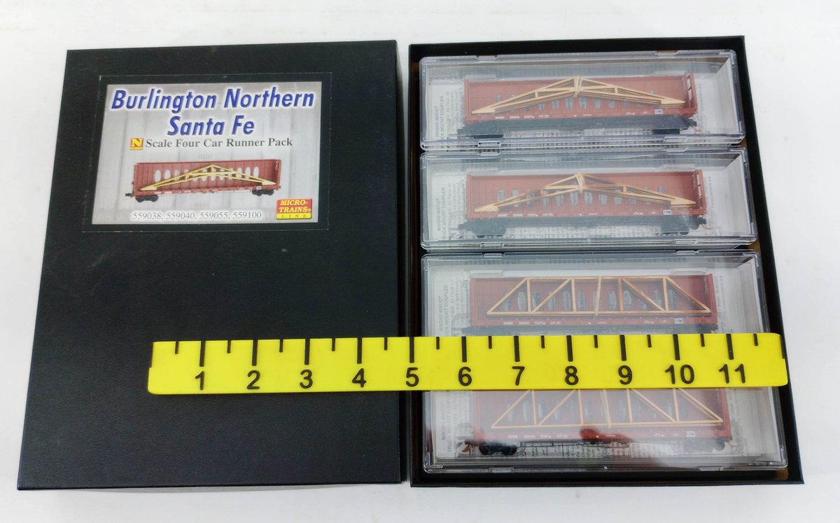 4 MICRO-TRAINS N SCALE RUNNER PACK #115 BURLINGTON NORTHERN SANTA FE CENTERBEAM FLAT CARS, OB INV 263330725