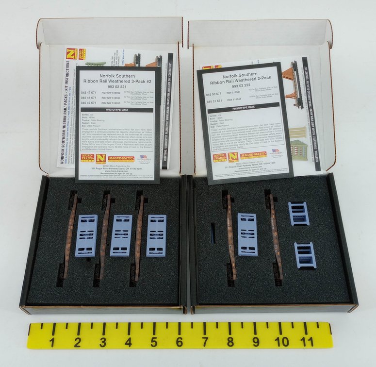 5 MICRO-TRAINS LINE N SCALE NORFOLK SOUTHERN RIBBON RAIL 50FT FLAT CARS, 2 OBS INV 263330726