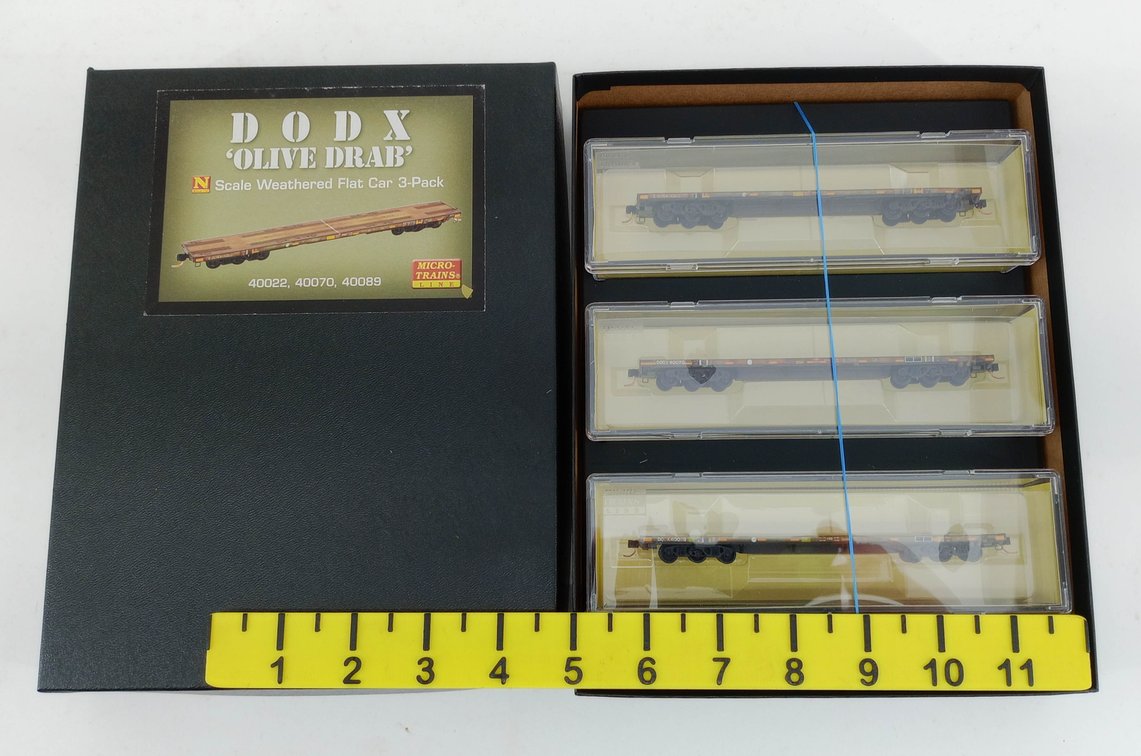 3 MICRO-TRAINS N GAUGE 40022 40070 40089 DODX OLIVE DRAB 68FT FLAT CARS, OB INV 263330730