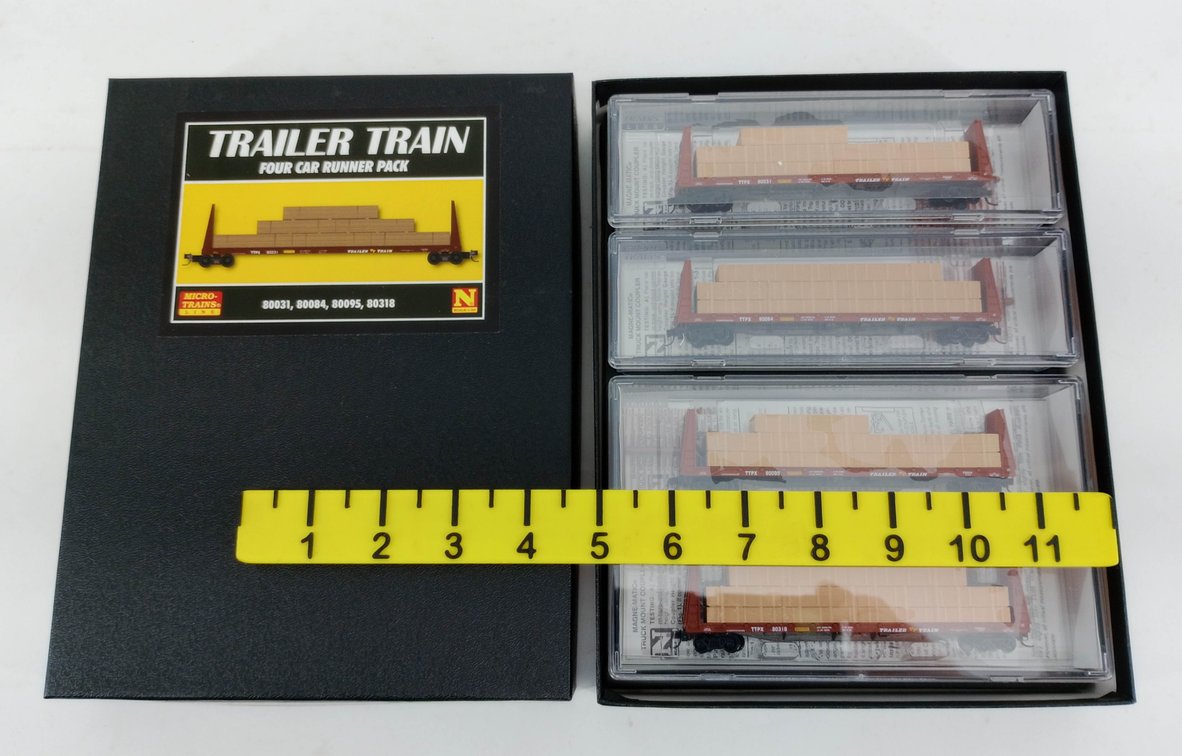 4 MICRO-TRAINS N SCALE 993 00 178 TRAILER TRAIN BULKHEAD FLAT CARS W/ LUMBER LOADS, OB INV 263330733