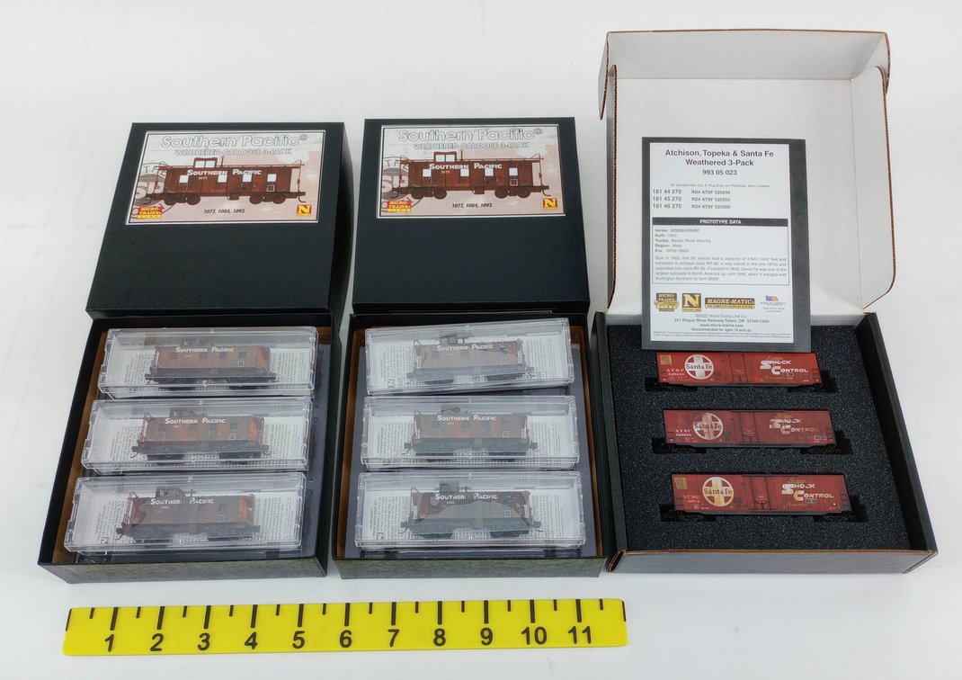 MICRO-TRAINS N SCALE 2 SOUTHERN PACIFIC CABOOSE 3-PACKS & SANTA FE WEATHERED BOXCAR 3-PACK, 3 OBS INV 263330735