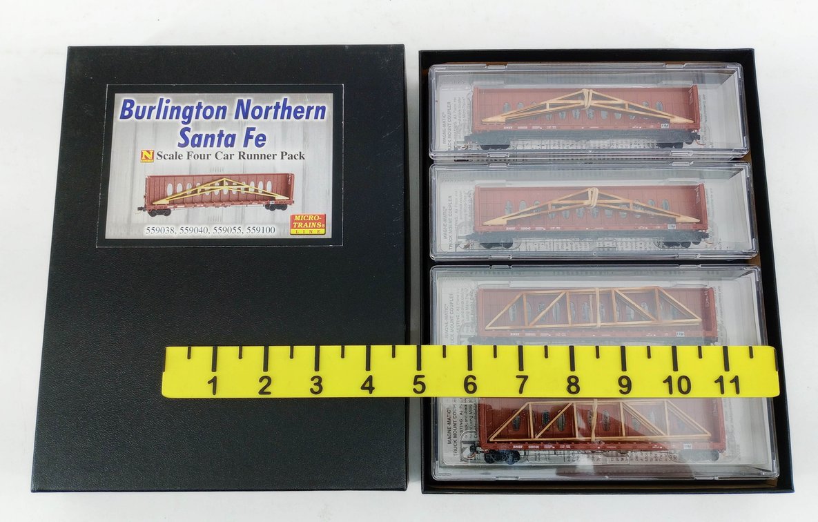 4 MICRO-TRAINS N GAUGE 115 BURLINGTON NORTHERN SANTA FE 60' CENTERBEAM FLAT CARS, OB INV 263330734